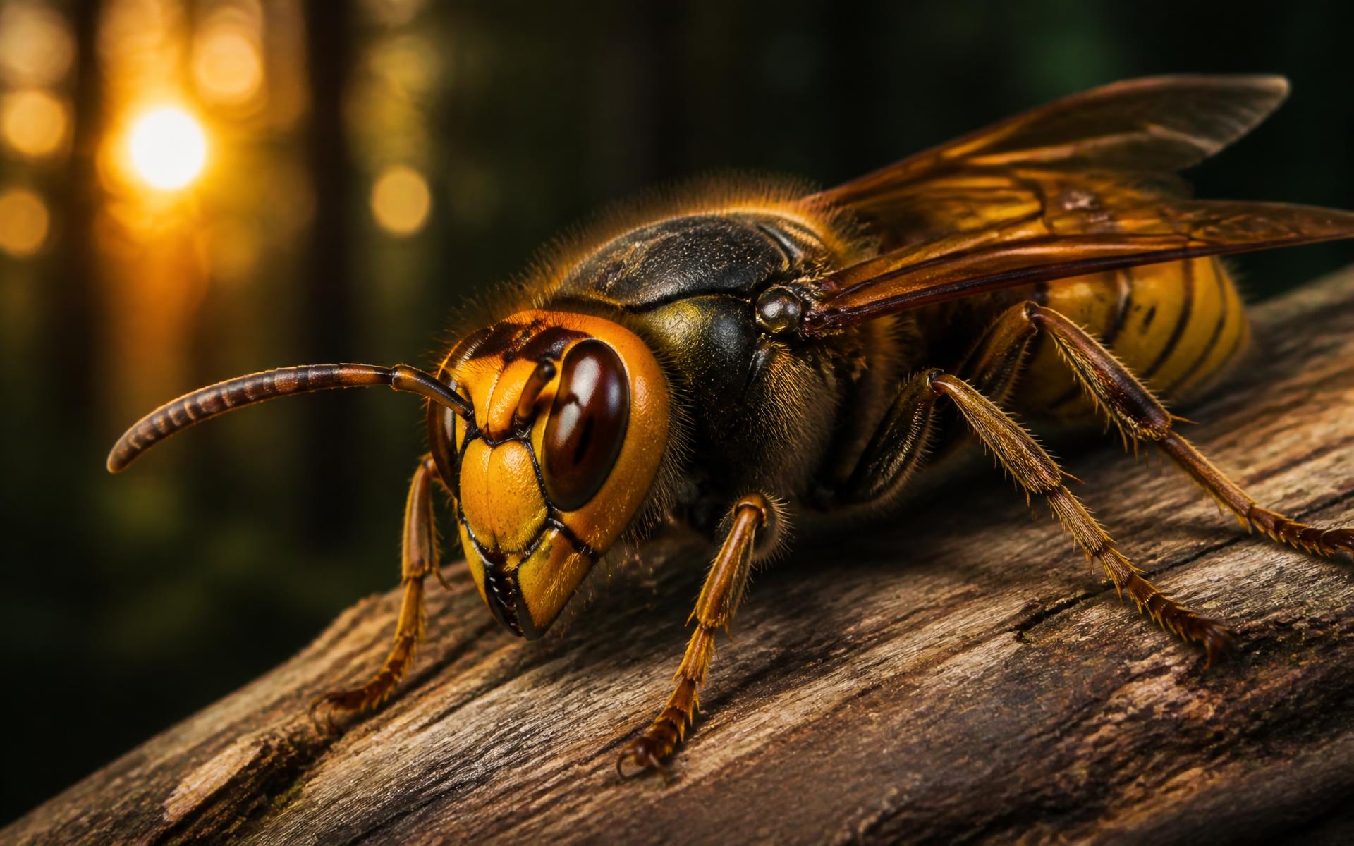 Gros plan d'un frelon posé sur une branche de bois en lumière rasante