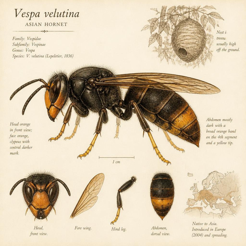 Planche illustrée de Frelon asiatique à pattes jaunes (Vespa velutina nigrithorax)